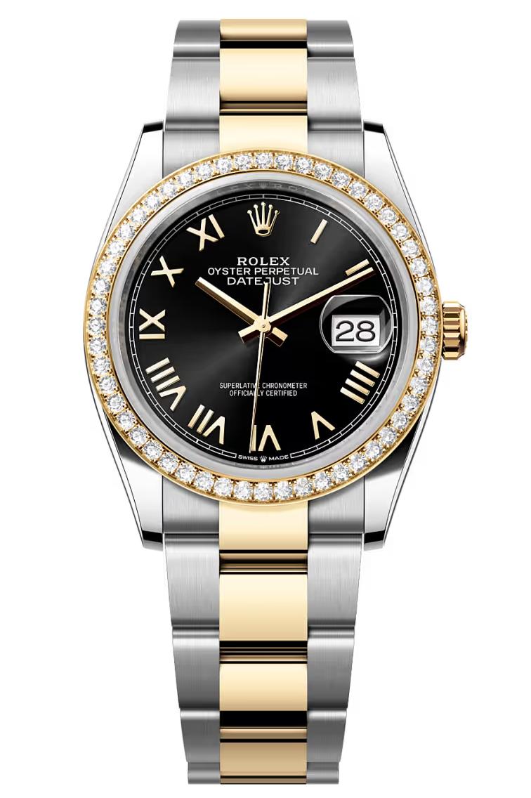 Rolex Datejust 36 Two-Tone Yellow Gold Black Roman Dial Diamond Bezel Oyster