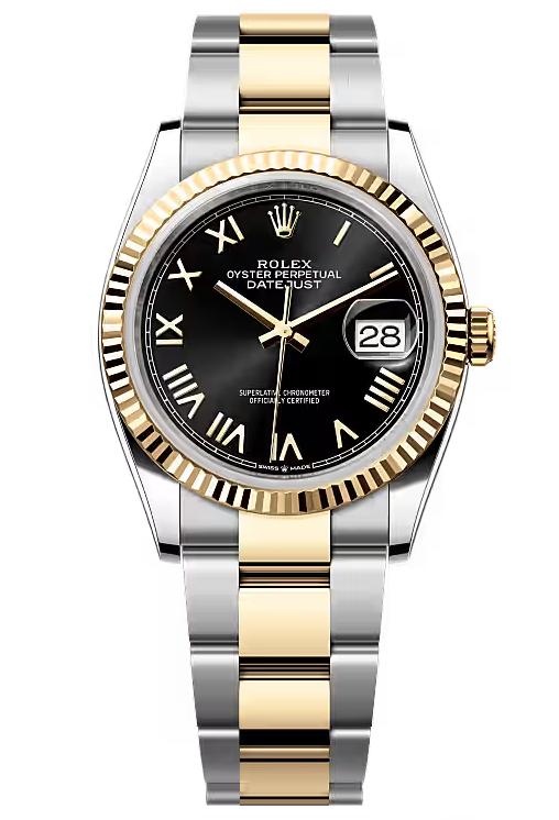 Rolex Datejust 36 Two-Tone Yellow Gold Black Roman Dial Fluted Bezel Oyster