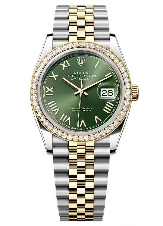 Rolex Datejust 36 Two-Tone Yellow Gold Green Roman Dial Diamond Bezel Jubilee