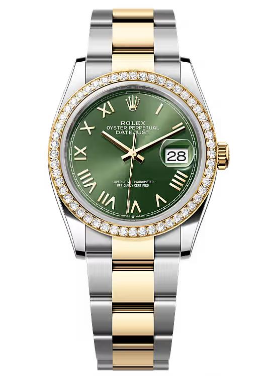 Rolex Datejust 36 Two-Tone Yellow Gold Green Roman Dial Diamond Bezel Oyster