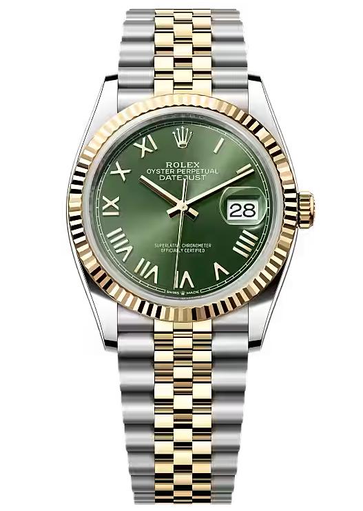 Rolex Datejust 36 Two-Tone Yellow Gold Green Roman Dial Fluted Bezel Jubilee