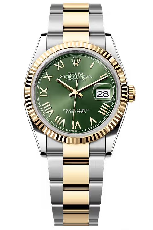 Rolex Datejust 36 Two-Tone Yellow Gold Green Roman Dial Fluted Bezel Oyster