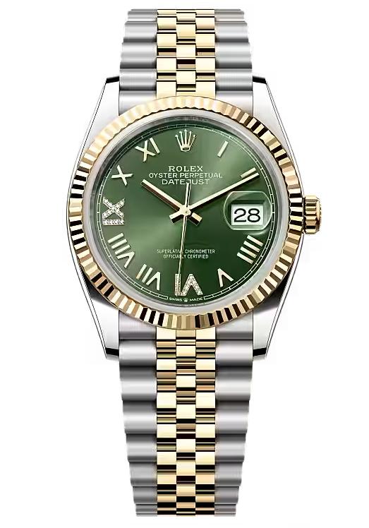 Rolex Datejust 36 Two-Tone Yellow Gold Green Roman Diamond Dial Fluted Bezel