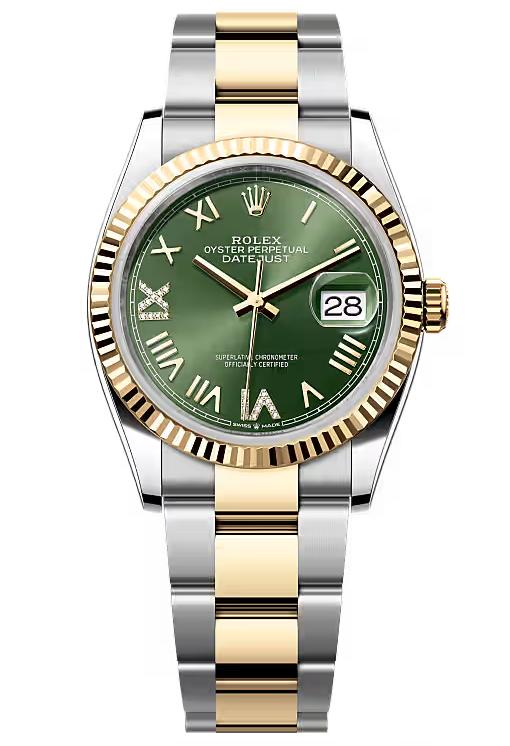 Rolex Datejust 36 Two-Tone Yellow Gold Green Roman Diamond Dial Fluted Bezel