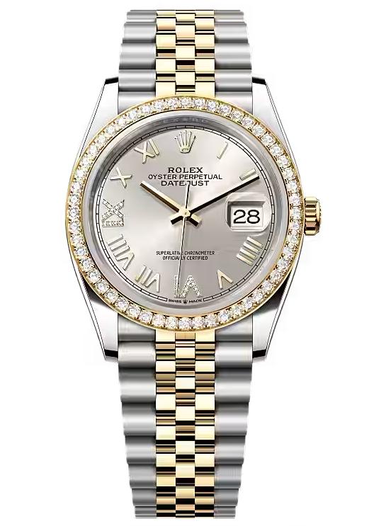 Rolex Datejust 36 Two-Tone Yellow Gold Silver Roman Diamond Dial Diamond Bezel
