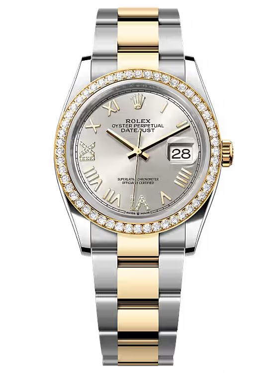Rolex Datejust 36 Two-Tone Yellow Gold Silver Roman Diamond Dial Diamond
