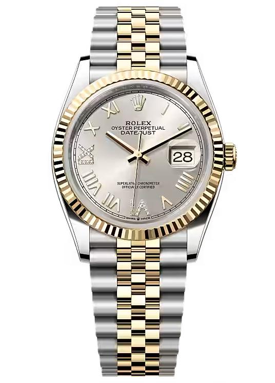 Rolex Datejust 36 Two-Tone Yellow Gold Silver Roman Diamond Dial Fluted Bezel