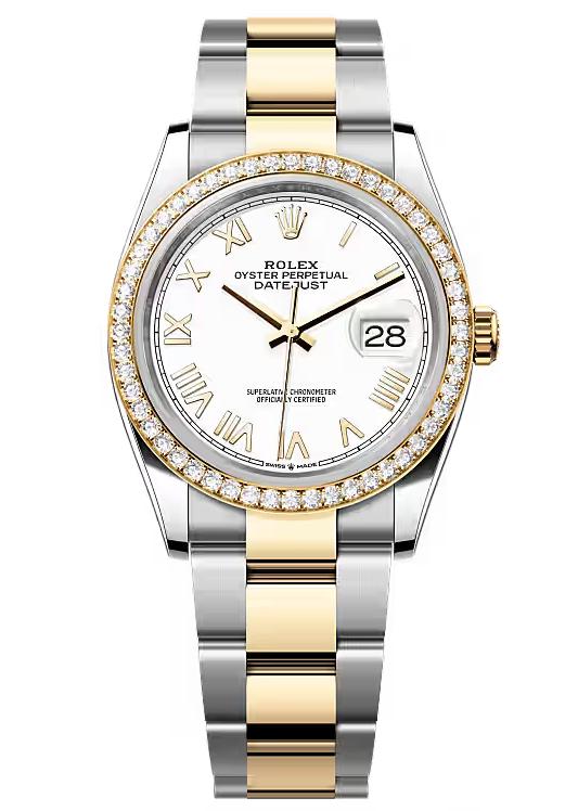 Rolex Datejust 36 Two-Tone Yellow Gold White Roman Dial Diamond Bezel Oyster