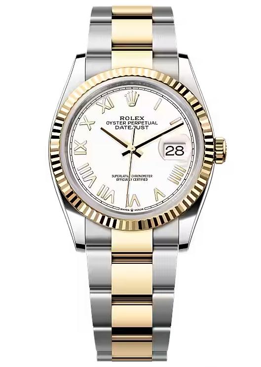 Rolex Datejust 36 Two-Tone Yellow Gold White Roman Dial Fluted Bezel Oyster