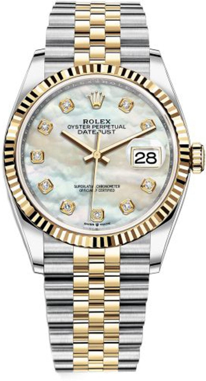 Rolex Datejust 36mm Two-Tone Yellow Gold Mother of Pearl Diamond Dial Fluted