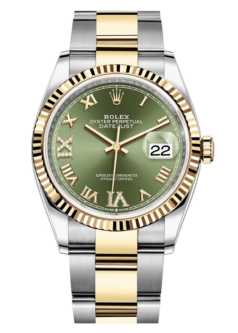 Rolex Datejust 36mm Two-Tone Yellow Gold Olive Roman Diamond Dial Fluted Bezel