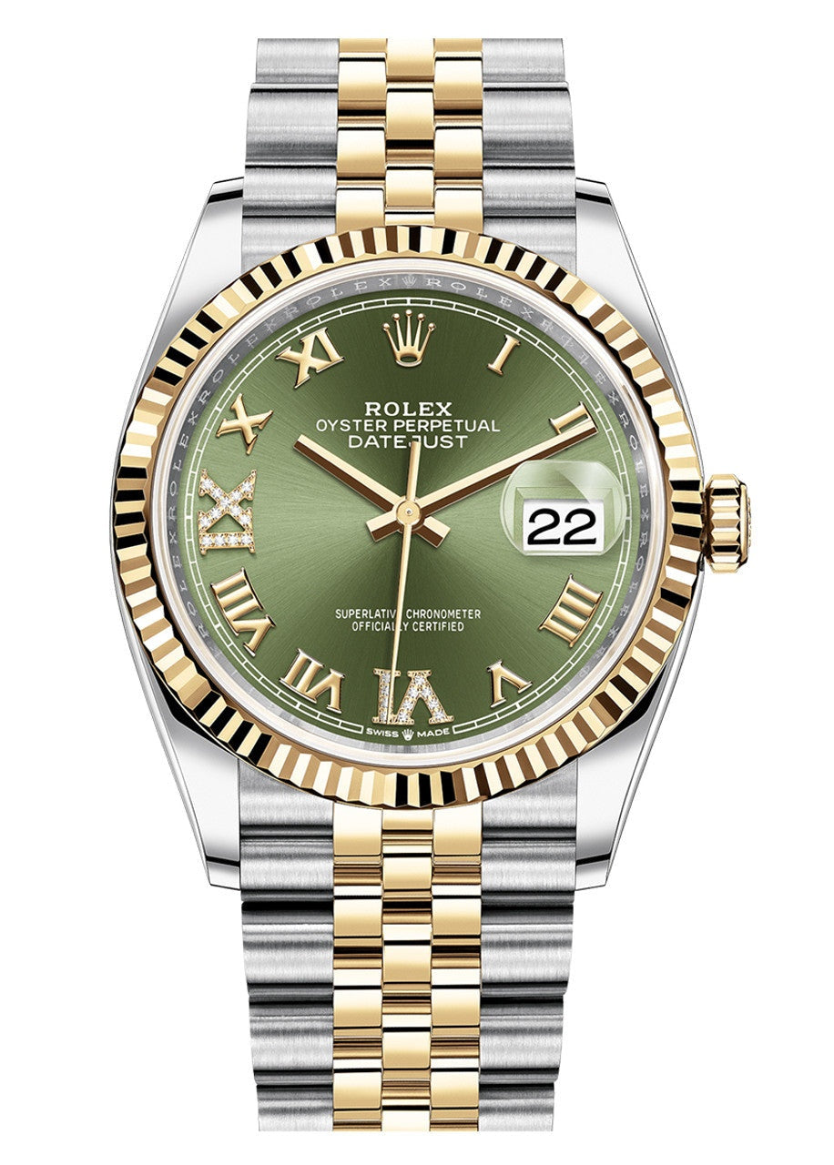 Rolex Datejust 36mm Two-Tone Yellow Gold Olive Roman Diamond Dial Fluted Bezel
