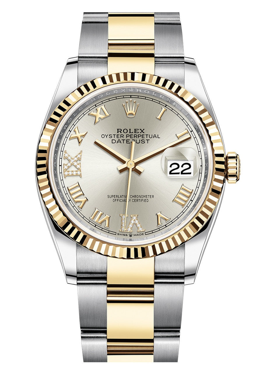 Rolex Datejust 36mm Two-Tone Yellow Gold Silver Roman Diamond Dial Fluted Bezel
