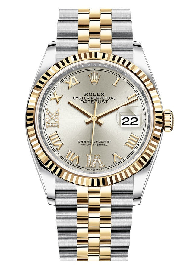 Rolex Datejust 36mm Two-Tone Yellow Gold Silver Roman Diamond Dial Fluted Bezel