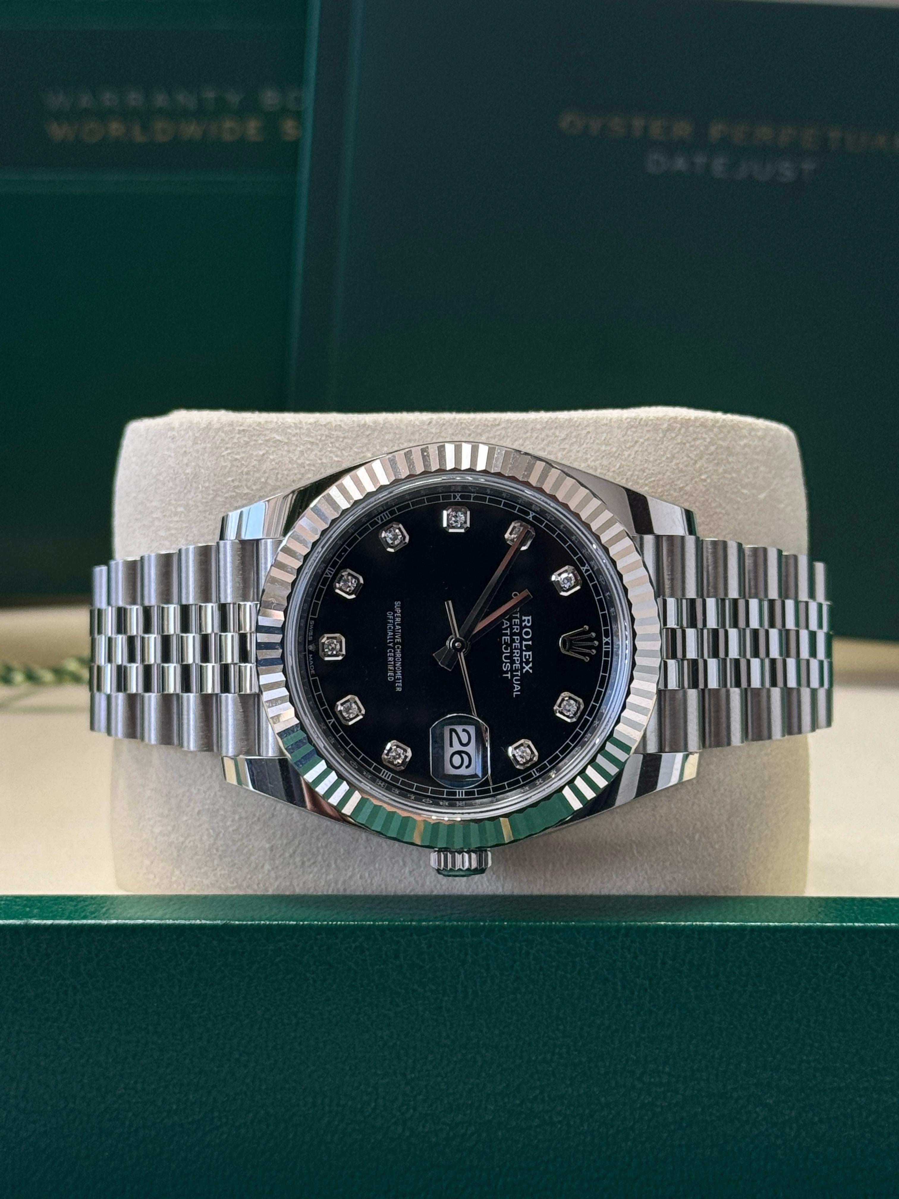 Rolex Datejust 41mm Black Diamond Dial Fluted Bezel Jubilee Bracelet 126334
