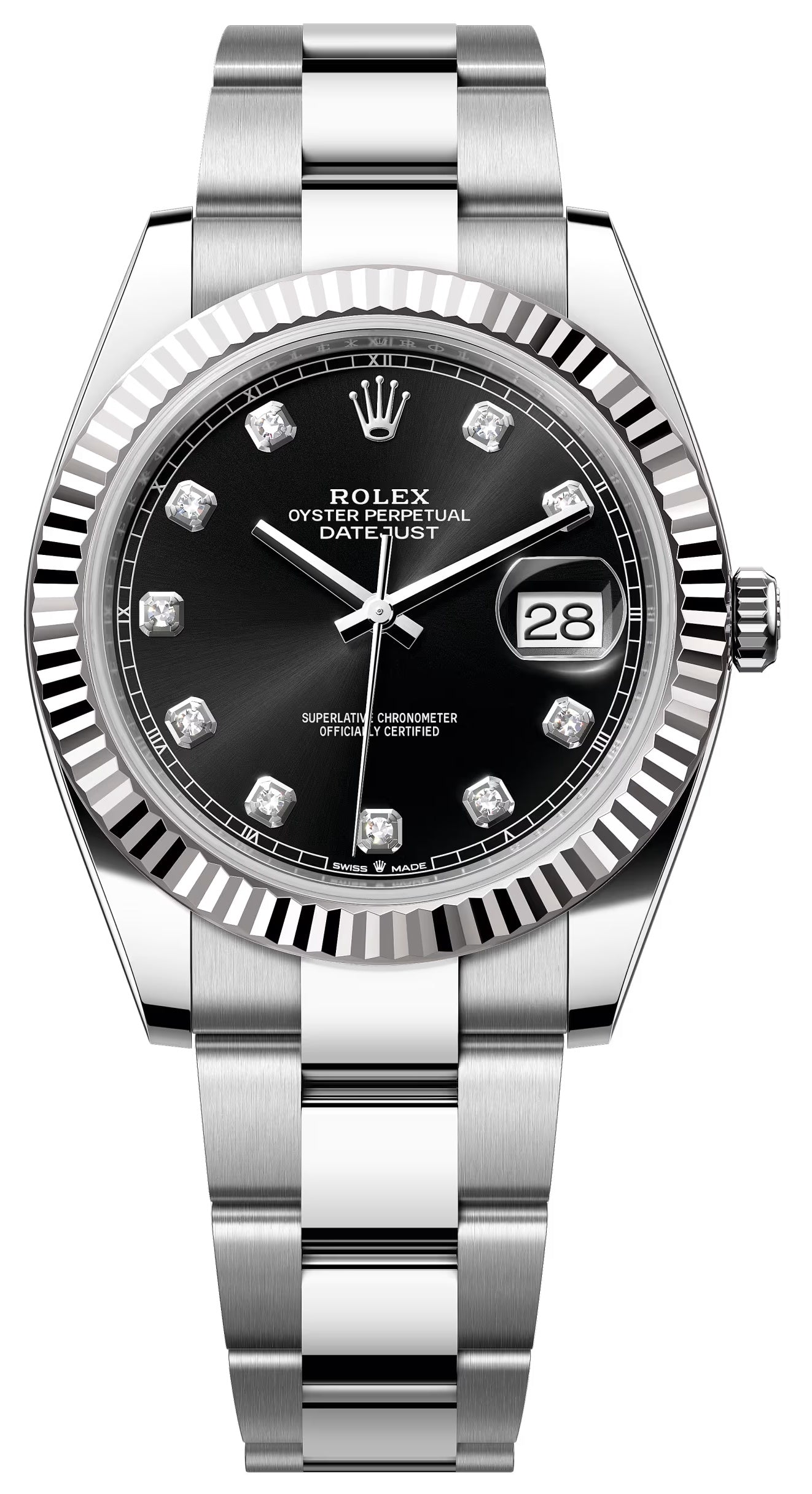 Rolex Datejust 41mm Black Diamond Dial Fluted Bezel Oyster Bracelet 126334