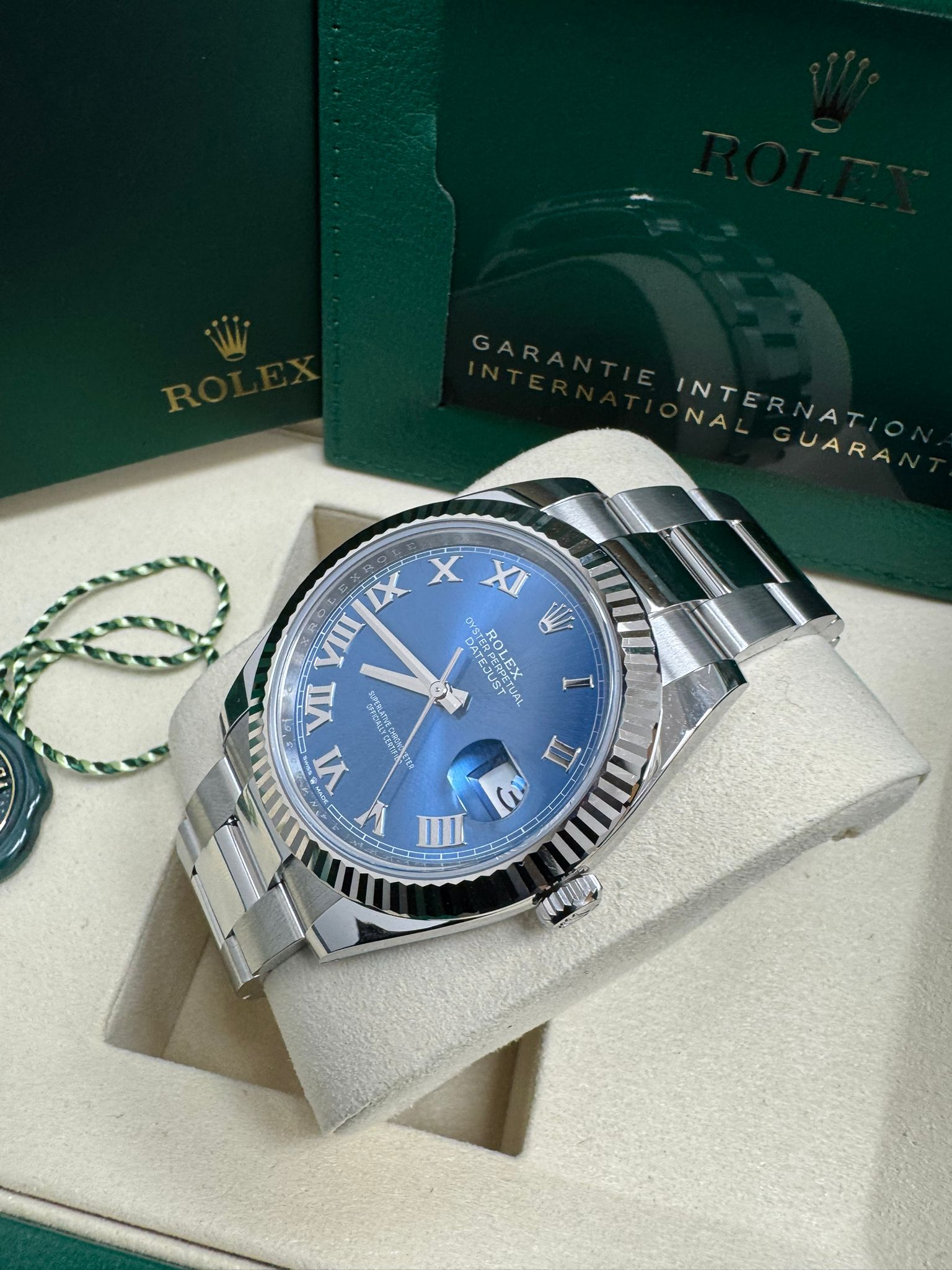 Rolex Datejust 41mm Blue Roman Dial White Gold Fluted Bezel