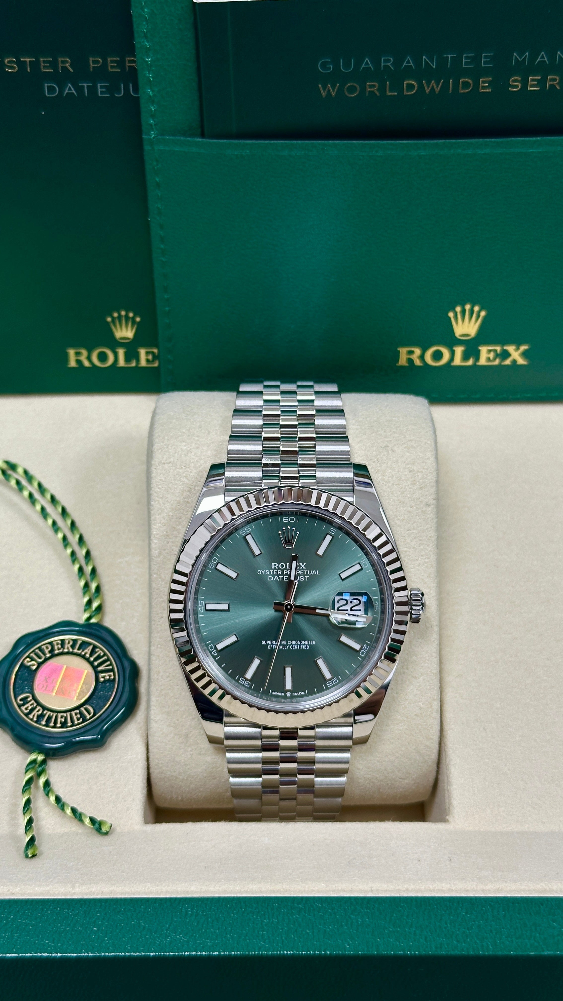 Rolex Datejust 41mm Mint Green Index Dial Fluted Bezel Jubilee Bracelet 126334