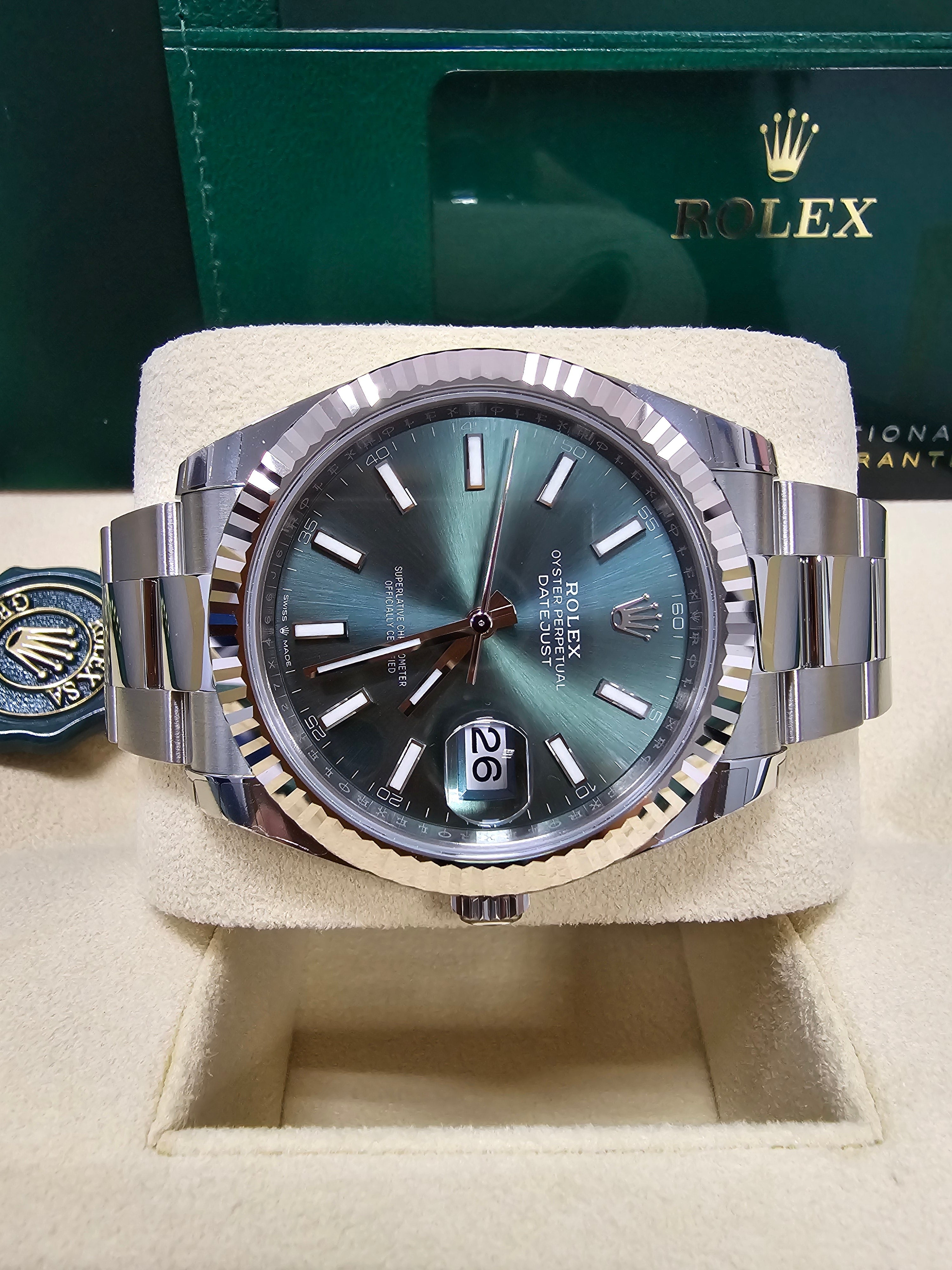 Rolex Datejust 41mm Mint Green Index Dial Fluted Bezel Oyster Bracelet 126334