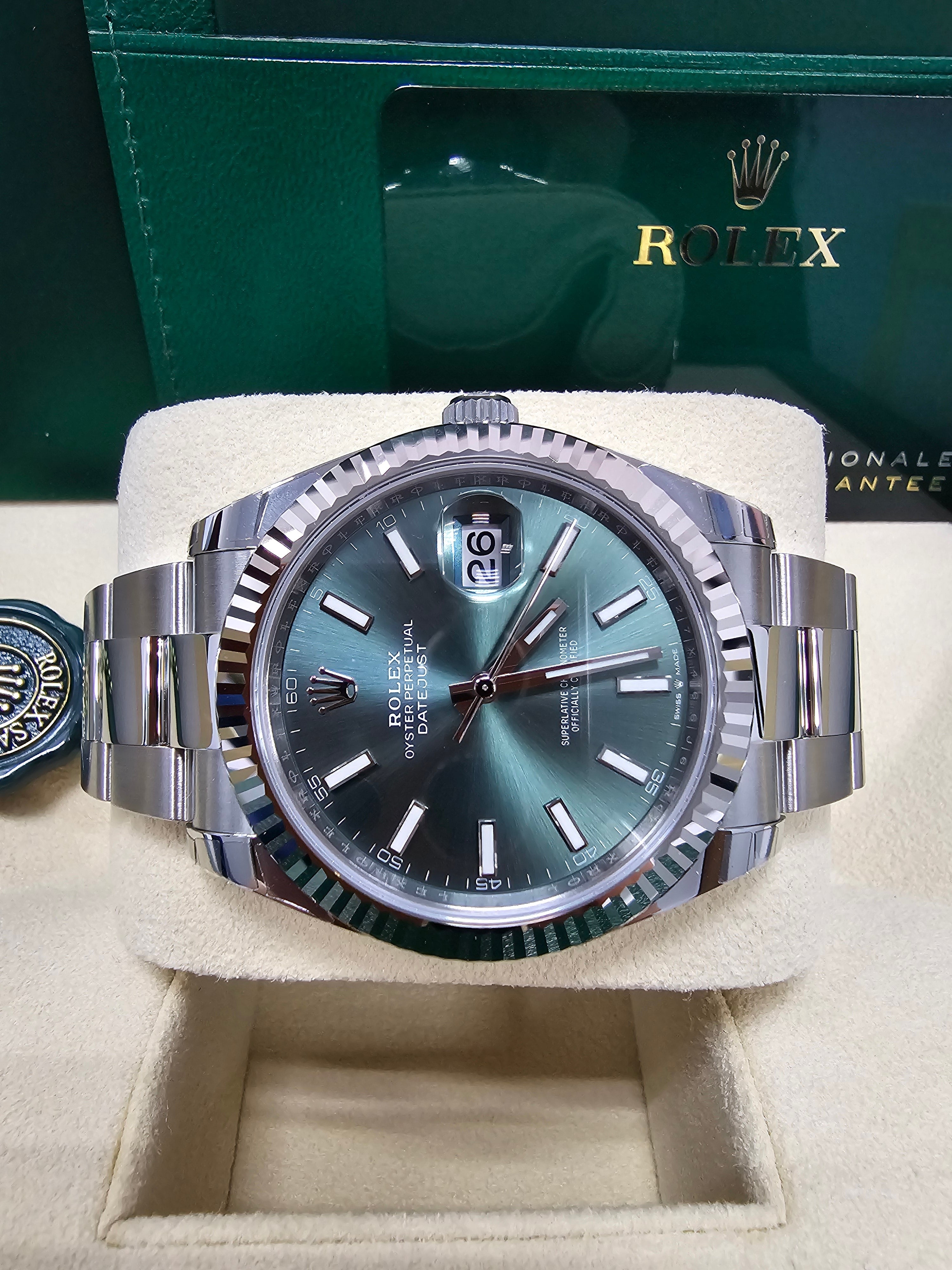 Rolex Datejust 41mm Mint Green Index Dial Fluted Bezel Oyster Bracelet 126334