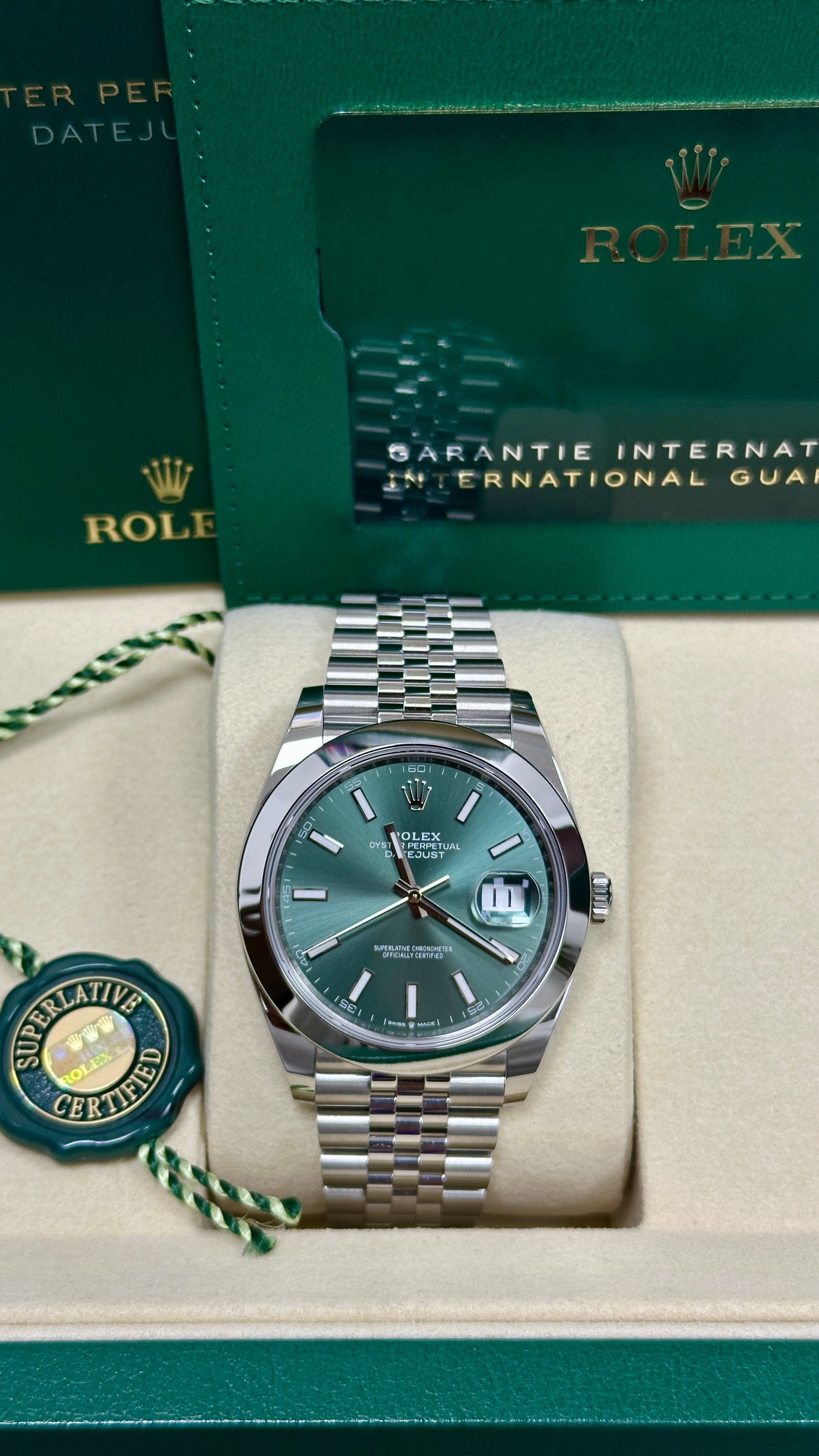 Rolex Datejust 41mm Mint Green Index Dial Smooth Bezel Jubilee Bracelet 126300