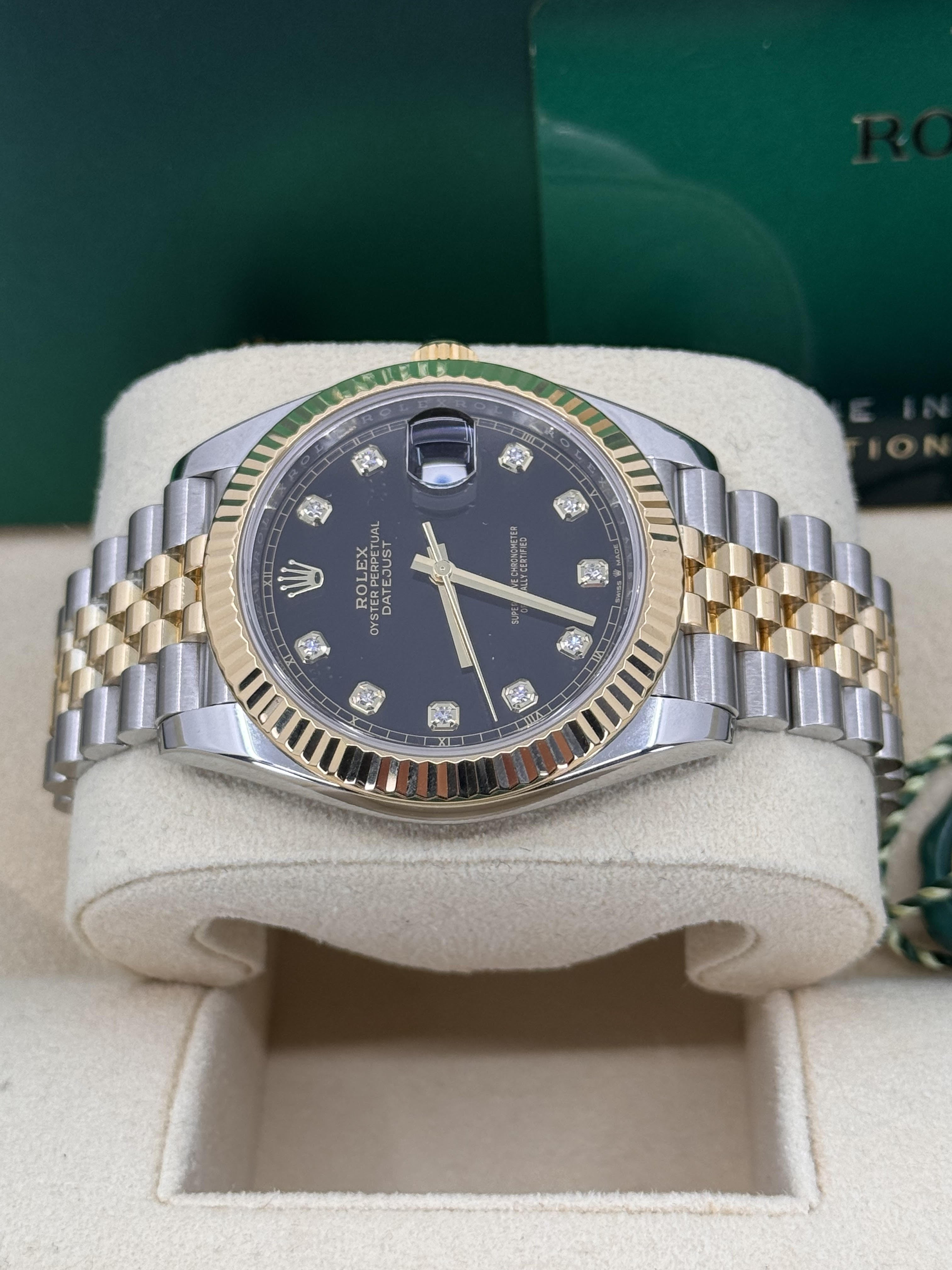 Rolex Datejust 41mm Two-Tone Yellow Gold Black Diamond Dial Fluted Bezel
