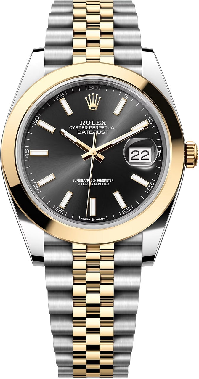 Rolex Datejust 41mm Two-Tone Yellow Gold Black Index Dial Smooth Bezel Jubilee