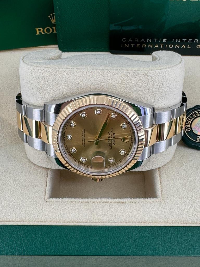 Rolex Datejust 41mm Two-Tone Yellow Gold Champagne Diamond Dial Fluted Bezel