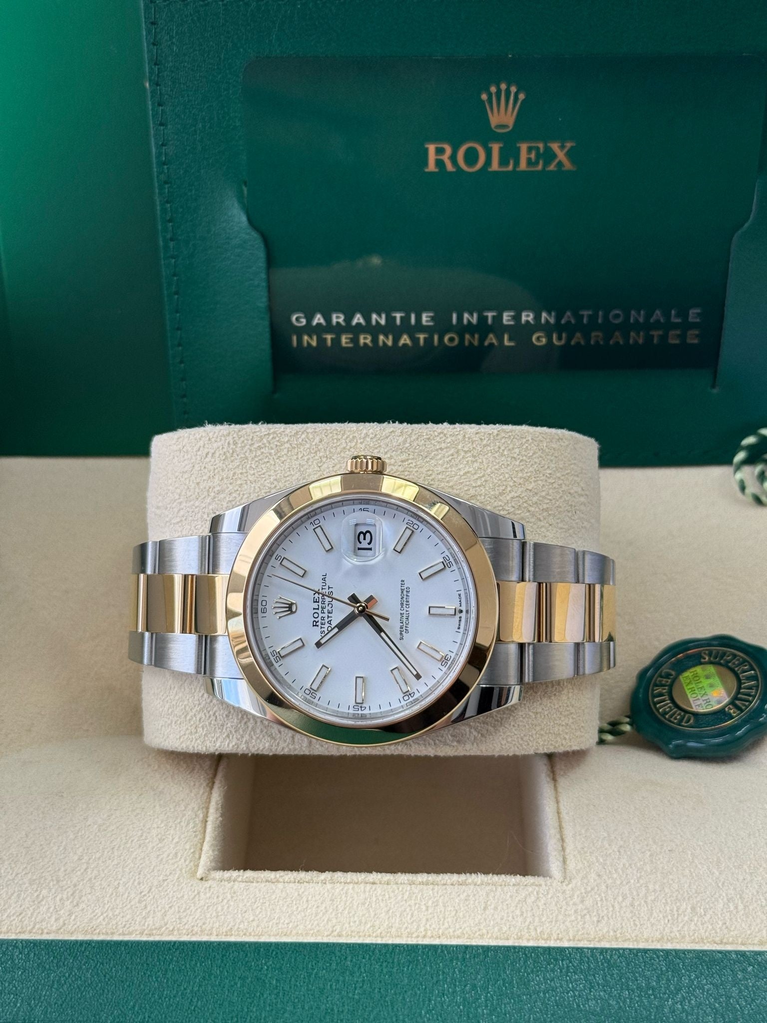 Rolex Datejust 41mm Two-Tone Yellow Gold White Index Dial Smooth Bezel Oyster