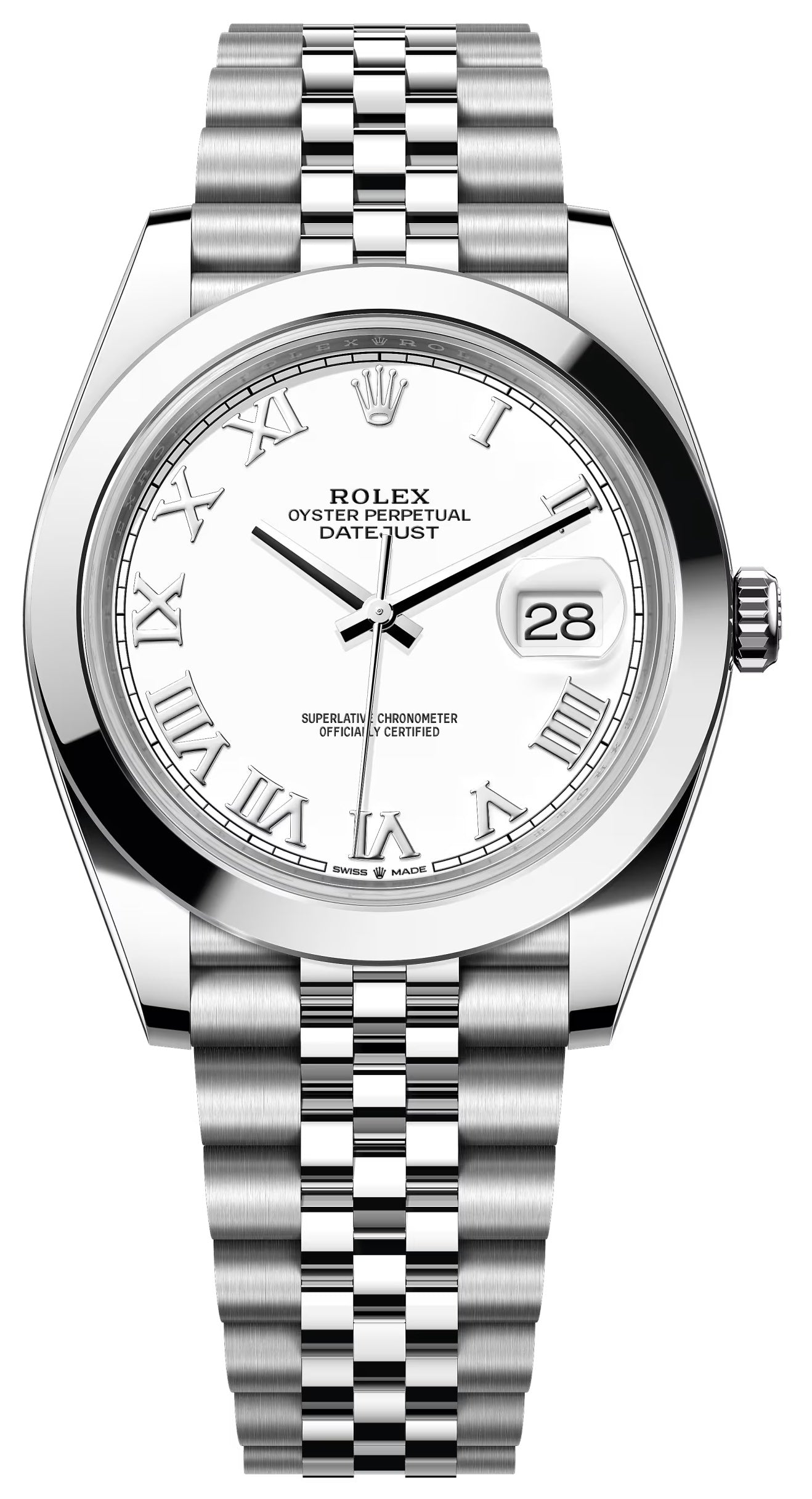 Rolex Datejust 41mm White Roman Dial Smooth Bezel Jubilee Bracelet 126300 – New