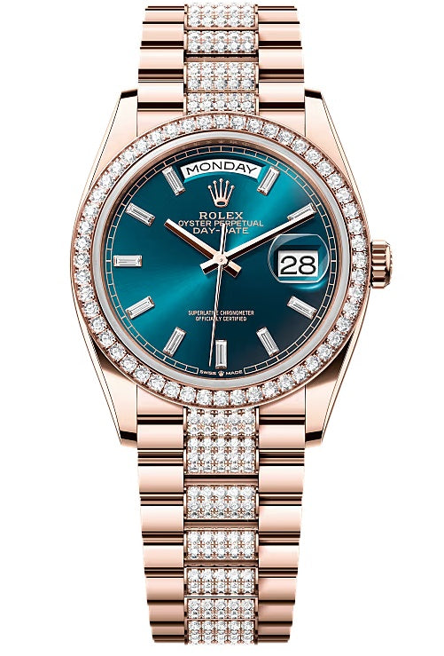 Rolex Day-Date 36mm Everose Gold Blue-Green Diamond Baguette Dial Diamond Bezel