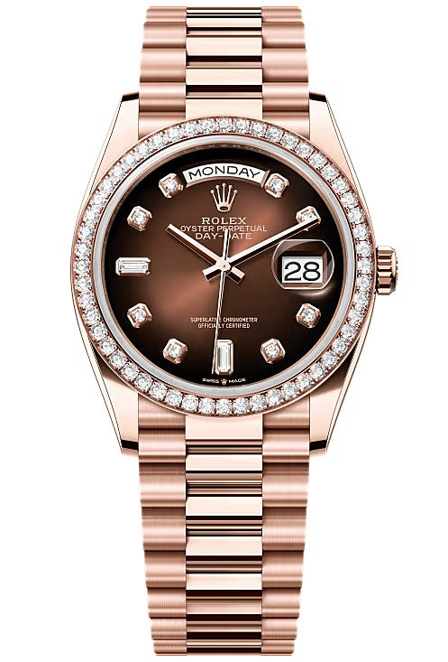 Rolex Day-Date 36mm Everose Gold Brown Ombre Diamond Dial Diamond Bezel