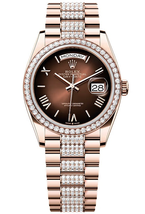 Rolex Day-Date 36mm Everose Gold Brown Ombre Roman Dial Diamond-Set President