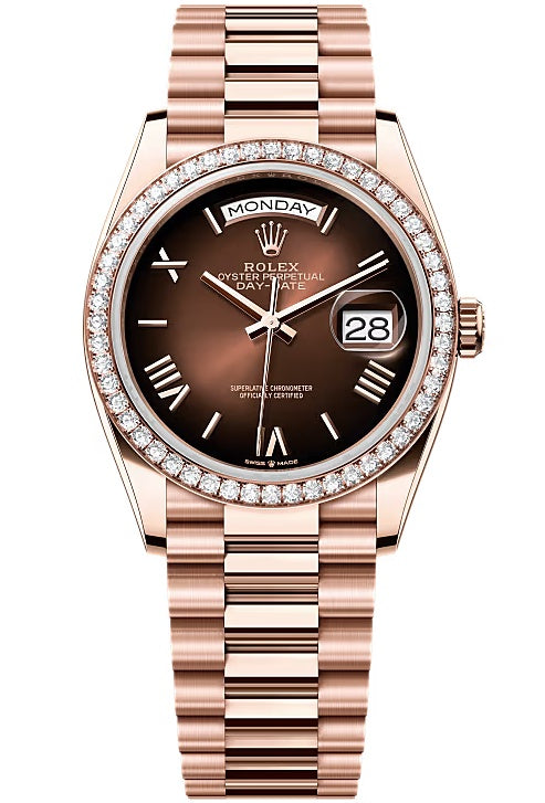 Rolex Day-Date 36mm Everose Gold Brown Ombre Roman Dial Diamond Bezel President