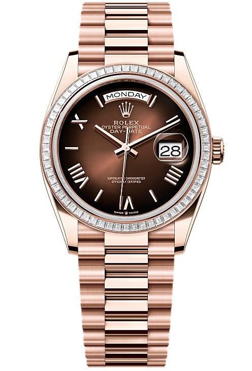 Rolex Day-Date 36mm Everose Gold Brown Ombre Roman Dial Trapese Diamond Bezel
