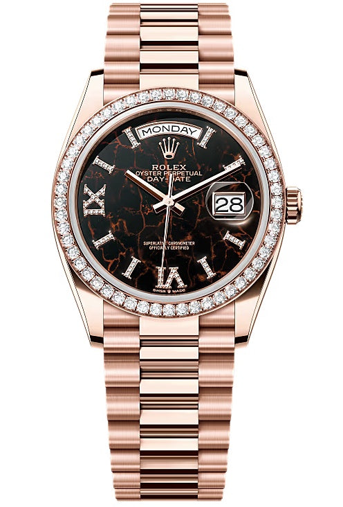 Rolex Day-Date 36mm Everose Gold Eisenkiesel Diamond Roman Dial Diamond Bezel