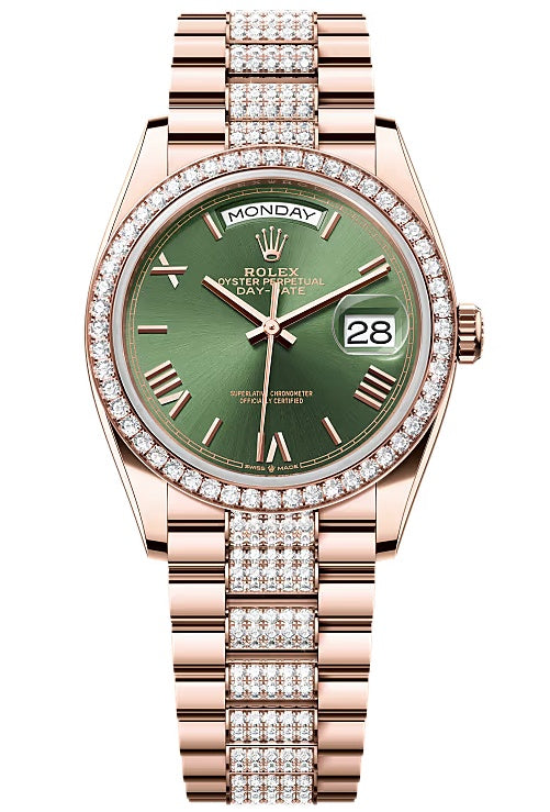 Rolex Day-Date 36mm Everose Gold Olive Green Roman Dial Diamond Bezel