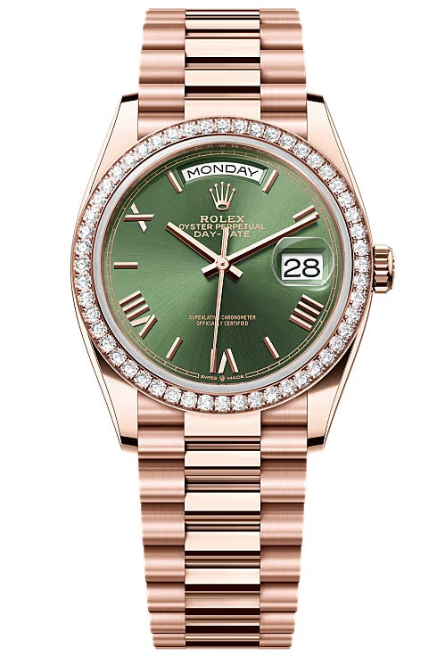 Rolex Day-Date 36mm Everose Gold Olive Green Roman Dial Diamond Bezel President