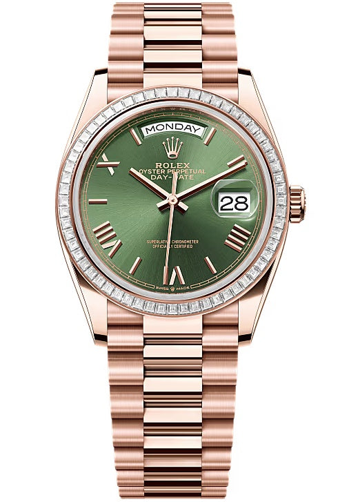 Rolex Day-Date 36mm Everose Gold Olive Green Roman Dial Trapeze Diamond Bezel