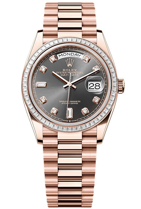 Rolex Day-Date 36mm Everose Gold Rhodium Diamond Dial Trapeze Diamond Bezel
