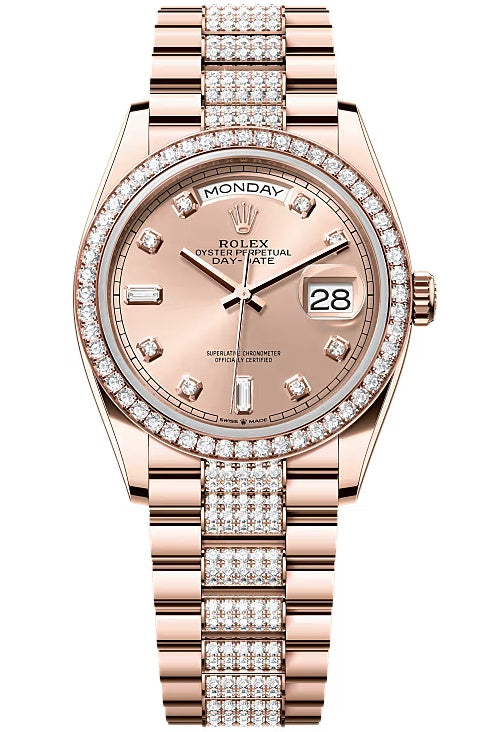 Rolex Day-Date 36mm Everose Gold Rose Diamond Dial Diamond Bezel Diamond Bezel