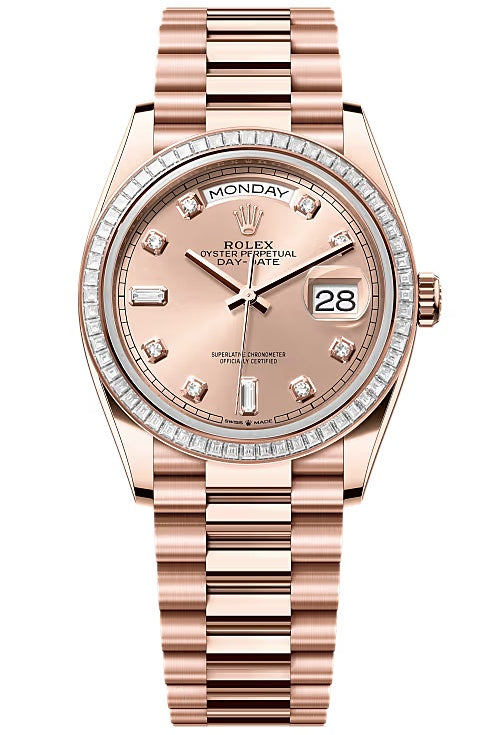 Rolex Day-Date 36mm Everose Gold Rose Diamond Dial Trapeze Diamond Bezel