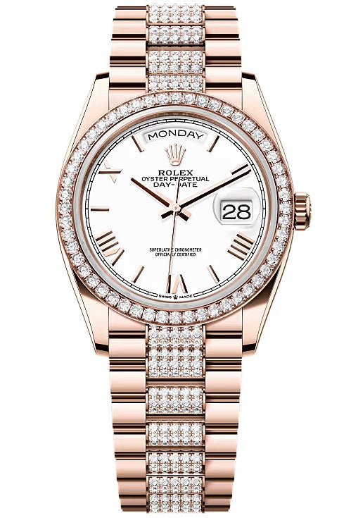 Rolex Day-Date 36mm Everose Gold White Roman Dial Diamond Bezel Diamond-Set