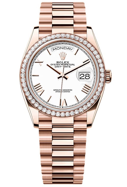 Rolex Day-Date 36mm Everose Gold White Roman Dial Diamond Bezel President