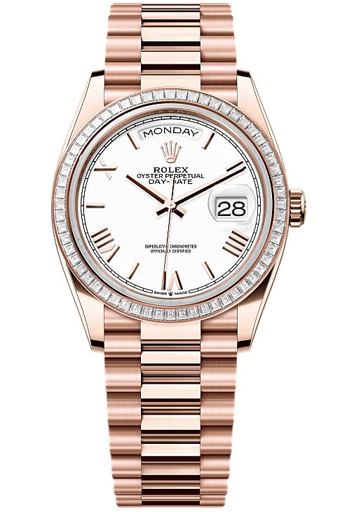 Rolex Day-Date 36mm Everose Gold White Roman Dial Trapeze Diamond Bezel