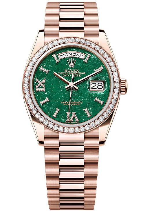 Rolex Day-Date “President” 36mm Everose Gold Green Aventurine Roman Diamond