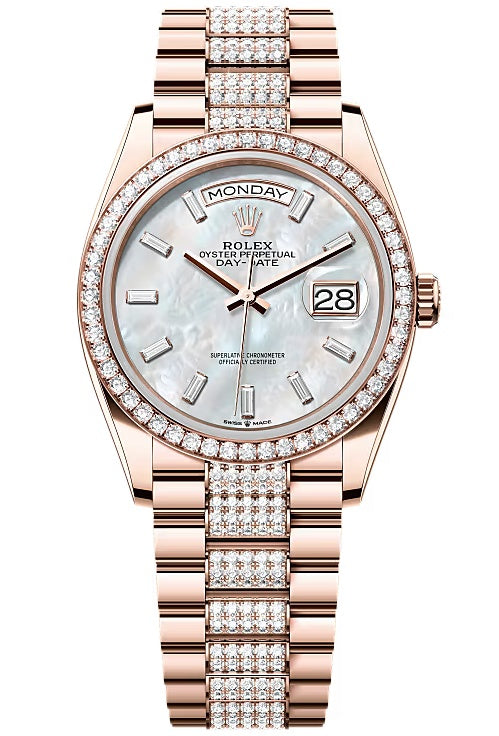 Rolex Day-Date “President” 36mm Everose Gold Mother of Pearl Diamond Baguette