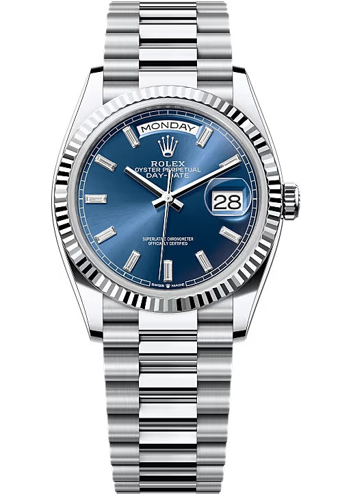 Rolex Day-Date “President” 36mm Platinum Blue Diamond Baguette Dial – 128236 –