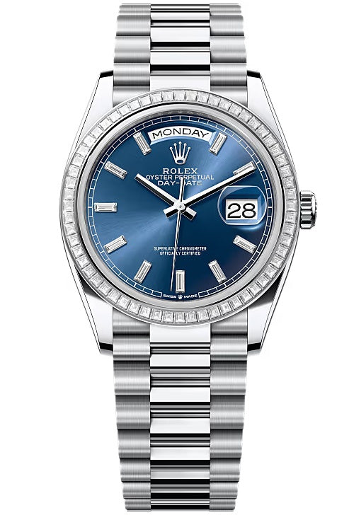 Rolex Day-Date “President” 36mm Platinum Blue Diamond Baguette Dial Trapeze