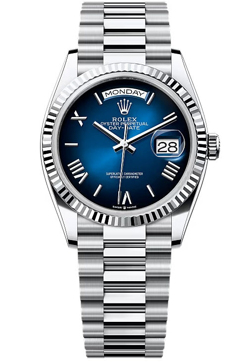 Rolex Day-Date “President” 36mm Platinum Blue Ombré Roman Dial – 128236 – New